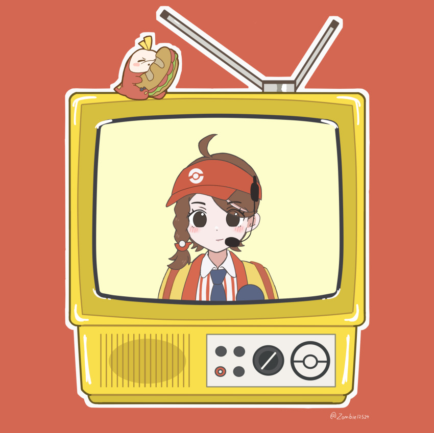 1girl ahoge blush braid brown_hair chibi closed_mouth collared_shirt commentary_request cosplay eyelashes food fuecoco highres imadake_dabuchi_tabemi imadake_dabuchi_tabemi_(cosplay) jacket jiang_jiang_(swpv5248) juliana_(pokemon) looking_at_viewer mcdonald&#039;s necktie nintendo open_clothes open_jacket pokemon pokemon_(creature) pokemon_sv sandwich shirt smile striped_clothes striped_shirt television vertical-striped_clothes vertical-striped_shirt visor_cap yellow_jacket