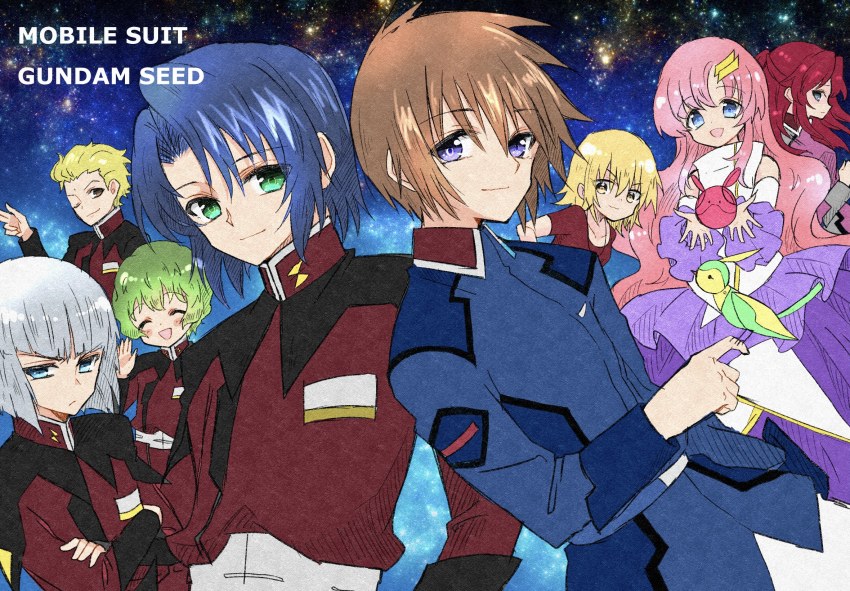 athrun_zala blonde_hair blue_eyes blue_hair blue_shirt bob_cut brown_eyes brown_hair cagalli_yula_athha chisa_02 closed_eyes dearka_elsman dress english_text everyone flay_allster green_eyes green_hair gundam gundam_seed hair_ornament hairpin highres kira_yamato lacus_clyne long_hair multiple_boys multiple_girls nicol_amafli open_mouth pink_hair ponytail red_hair red_shirt shirt short_hair silver_hair straight_hair two-tone_dress wavy_hair yzak_joule