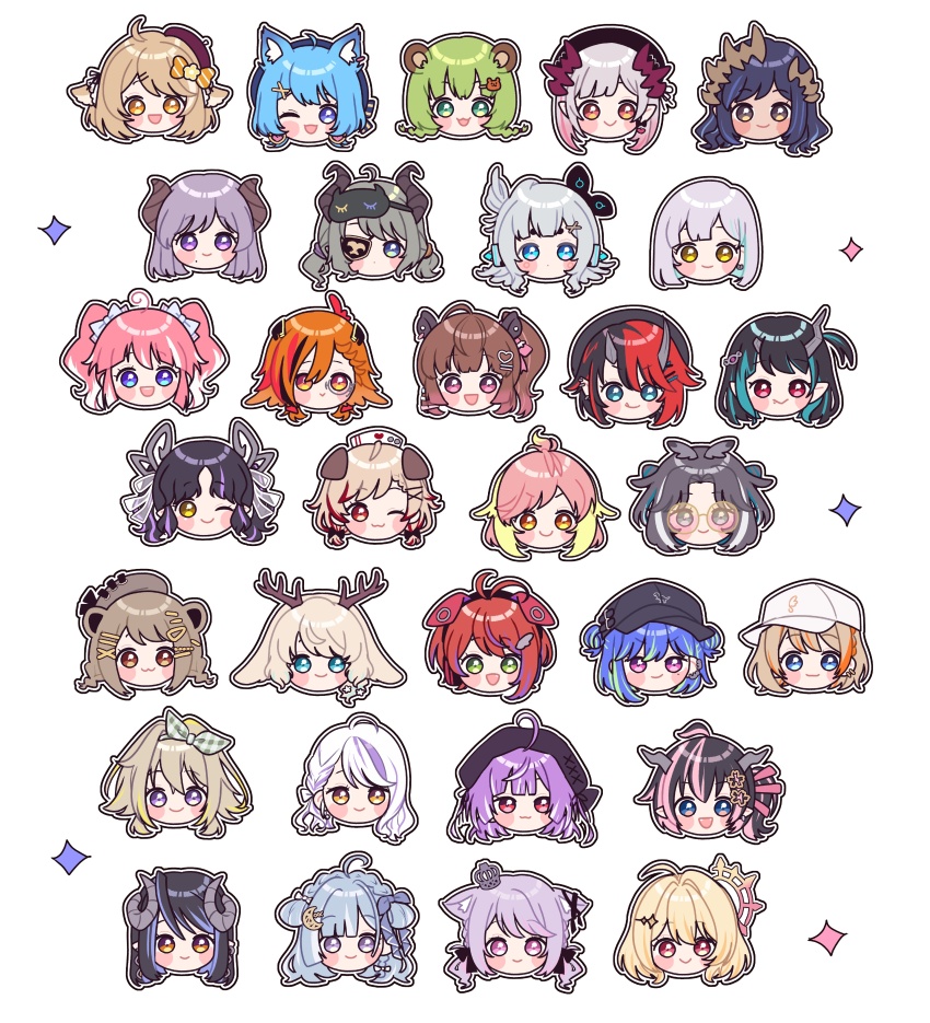 6+girls absurdres ahoge akane_canna akane_canna_(2nd_costume) amaui and_uge animal animal_ears animal_on_head antlers baseball_cap beret bird bird_on_head black_hair black_headwear blonde_hair blue_eyes blunt_bangs bob_cut bow braid brown_eyes brown_hair brown_headwear brown_horns capybara_ears capybara_girl chibi closed_mouth commentary_request curled_horns demon_girl demon_horns dog_ears double_bun earrings everyone eyepatch fake_animal_ears fang fang_out glasses gradient_hair green_eyes green_hair grey_bow grey_hair grey_horns hair_between_eyes hair_bow hair_bun hair_ornament hairclip halo hat head_only headphones hebiyoi_tier hebiyoi_tier_(1st_costume) highres hinata_mashu hinokuma_ran hira_hikari hood hood_up horns ieiri_popo ieiri_popo_(2nd_costume) ina_uruu inaba_haneru_(animare) jewelry kanade_kanon kazami_kuku kino_haruc kisaki_anko kohaku_yuri kohaku_yuri_(2nd_costume) kojo_anna kojo_anna_(3rd_costume) konan_mia konan_mia_(2nd_costume) light_brown_hair long_bangs looking_at_viewer maid_headdress monocle multicolored_hair multiple_girls nanashi_inc. nurse_cap oinomori_may oinomori_may_(1st_costume) on_head one_eye_closed open_mouth orange_hair oura_rukako oura_rukako_(2nd_costume) pink-tinted_eyewear pink_hair pointy_ears purple_eyes purple_hair red_hair rimless_eyewear ryugasaki_rene ryugasaki_rene_(3rd_costume) saionji_mary sekishiro_mico seshima_rui shimamura_charlotte shishio_chris shishio_chris_(3rd_costume) shisui_kiki shisui_kiki_(2nd_costume) short_hair simple_background sleep_mask smile souya_ichika souya_ichika_(5th_costume) streaked_hair suou_patra suou_patra_(8th_costume) suzumi_nemo suzumi_nemo_(2nd_costume) tinted_eyewear touri_sei touri_sei_(2nd_costume) tsukinoki_tirol twintails v-shaped_eyebrows virtual_youtuber white_background white_headwear white_hood yunohara_izumi