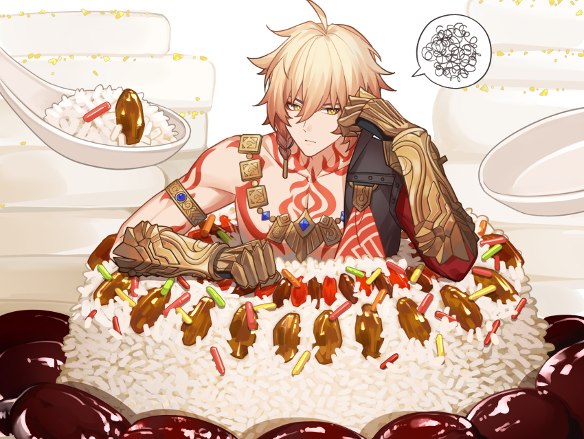 1boy abs ahoge arm_tattoo armlet armor armored_gloves belt black_coat blonde_hair braid chest_tattoo chinese_commentary chopsticks coat commentary_request dabeizhuanghuangmenjimifan dumpling earrings facial_tattoo food gold_earrings gold_necklace gradient_hair hair_between_eyes highres honkai:_star_rail honkai_(series) jewelry male_focus medium_hair miniature multicolored_hair mydei_(honkai:_star_rail) necklace on_food open_clothes open_coat orange_eyes oversized_spoon pauldrons red_hair red_tattoo shoulder_armor side_braid single_pauldron sitting_on_food solo spoken_squiggle spoon squiggle tattoo toned toned_male