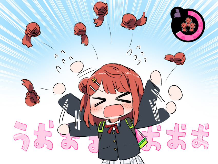 &gt;_&lt; 1girl afterimage black_jacket blunt_bangs blush bomb_rush_(splatoon) braid braided_bun buttons collared_shirt commentary d: deformed detached_hair dress_shirt dx flying_sweatdrops gameplay_mechanics hair_bun hair_ornament hairclip half_updo heads-up_display ink_tank_(splatoon) jacket kurokawa_makoto long_sleeves love_live! love_live!_nijigasaki_high_school_idol_club medium_hair motion_lines neck_ribbon nijigasaki_school_uniform nintendo open_mouth orange_hair panicking plaid_clothes plaid_skirt pleated_skirt red_ribbon ribbon sasuke_(love_live!) school_uniform shirt single_side_bun skirt solo splatoon_(series) swept_bangs translation_request uehara_ayumu user_interface v-shaped_eyebrows white_shirt white_skirt winter_uniform