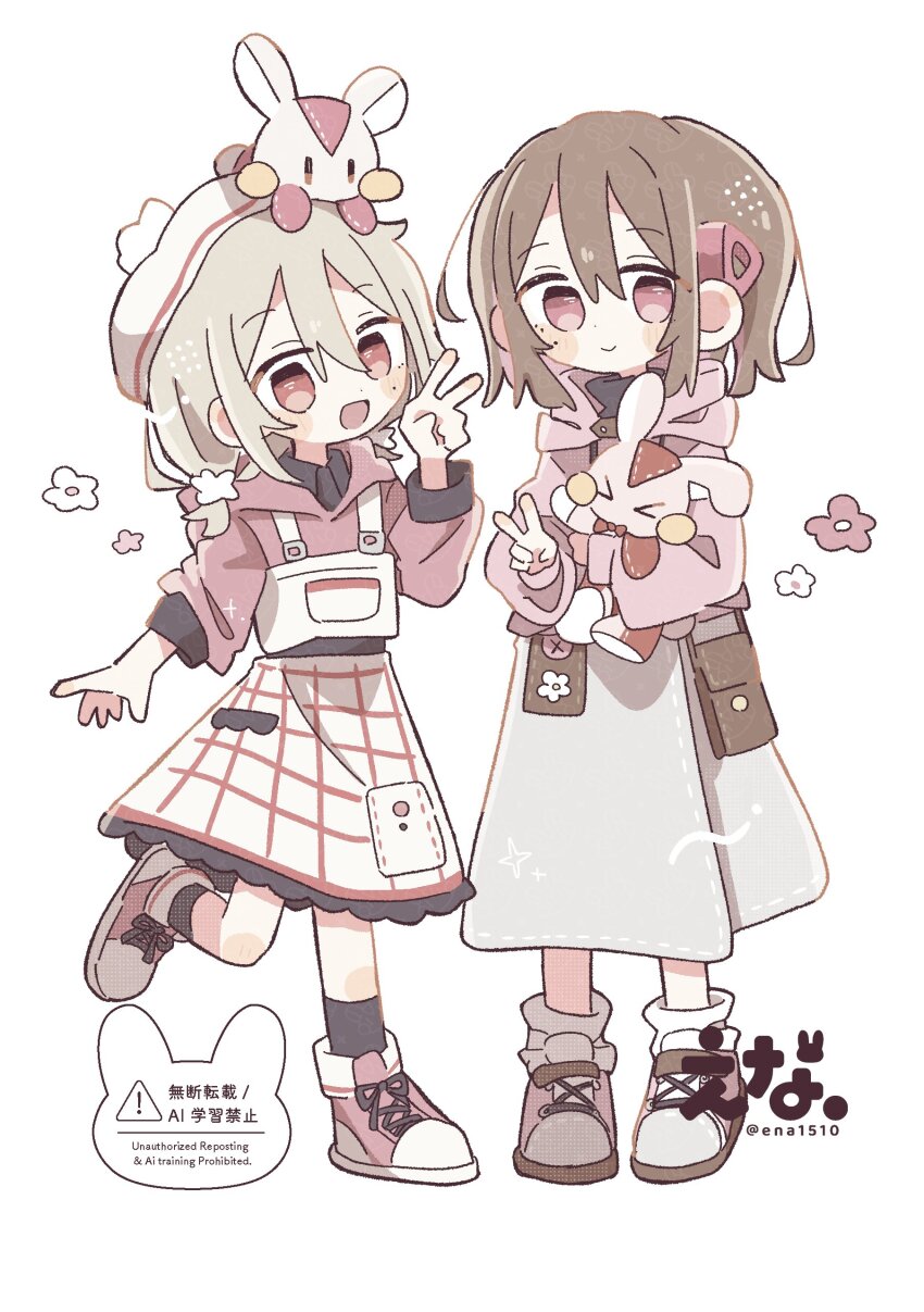2girls :d absurdres animal artist_name bag blush_stickers brown_hair brown_socks closed_mouth commentary double-parted_bangs ena_1510 frilled_skirt frills full_body grey_hair grey_skirt hand_up highres holding holding_animal holding_rabbit hood hood_down hoodie kneehighs leg_up long_sleeves looking_at_viewer multiple_girls open_mouth original pink_hoodie plaid_clothes plaid_skirt rabbit red_eyes red_hoodie red_shoes shoes short_hair simple_background skirt smile socks standing standing_on_one_leg twitter_username v watermark white_background white_skirt