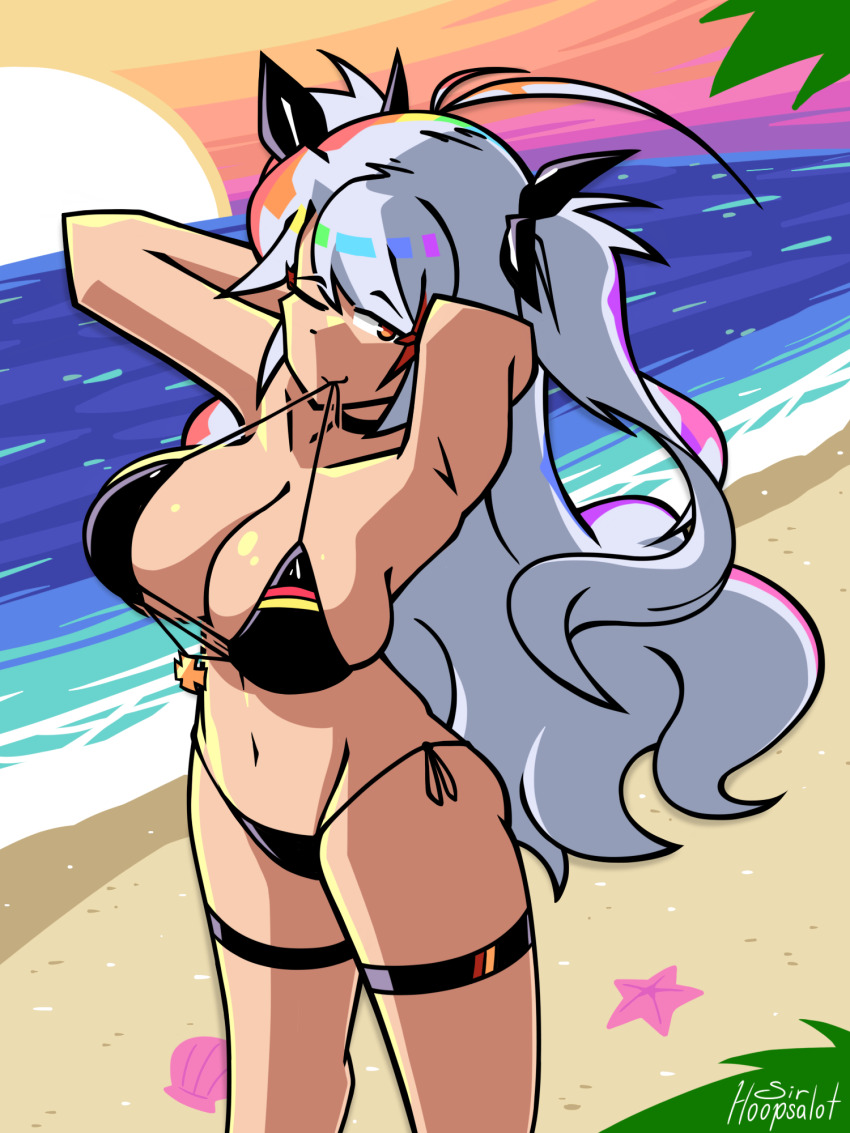 1girl antenna_hair artist_name ass azur_lane beach bikini breasts choker clam_shell cross garter_straps horizon iron_cross large_breasts long_hair mouth_hold multicolored_hair navel ocean one_eye_closed palm_tree prinz_eugen_(azur_lane) prinz_eugen_(unfading_smile)_(azur_lane) red_eyes sand sideboob sirhoopsalot skindentation starfish sun sunset swimsuit tree twintails two-tone_hair water white_hair