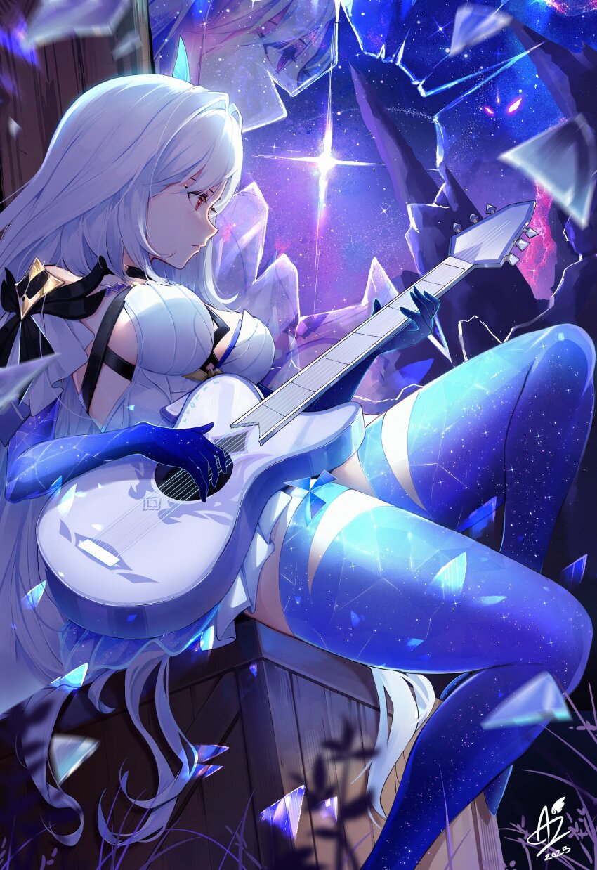 1girl absurdres artezahn artist_logo breasts closed_mouth commentary crate dated dress english_commentary from_side genshin_impact grey_hair highres instrument large_breasts logo long_hair looking_afar looking_ahead making-of_available music playing_instrument profile red_eyes sitting skirk_(genshin_impact) solo thighs very_long_hair white_dress