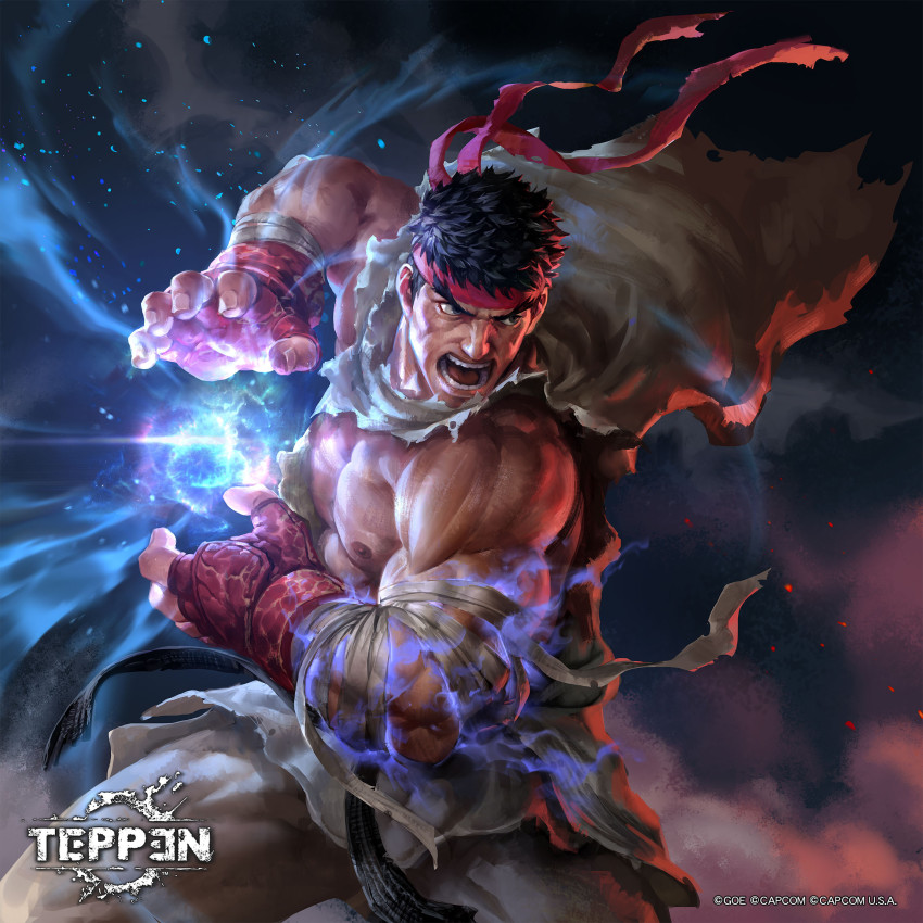 1boy abs baggy_pants bara bare_pectorals bare_shoulders biceps commentary dougi dragon_ball energy energy_ball english_commentary eyebrows_visible_through_headband feet_out_of_frame fighting_stance fingerless_gloves forked_eyebrows frown gloves hadouken headband highres jeremy_chong kamehameha_(dragon_ball) large_pectorals looking_at_viewer male_focus mature_male mma_gloves muscular muscular_male nipples official_art open_mouth pants pectorals red_gloves ryu_(street_fighter) shirt short_hair solo street_fighter teppen thick_eyebrows thick_thighs thighs torn_clothes torn_pants torn_shirt white_pants wind