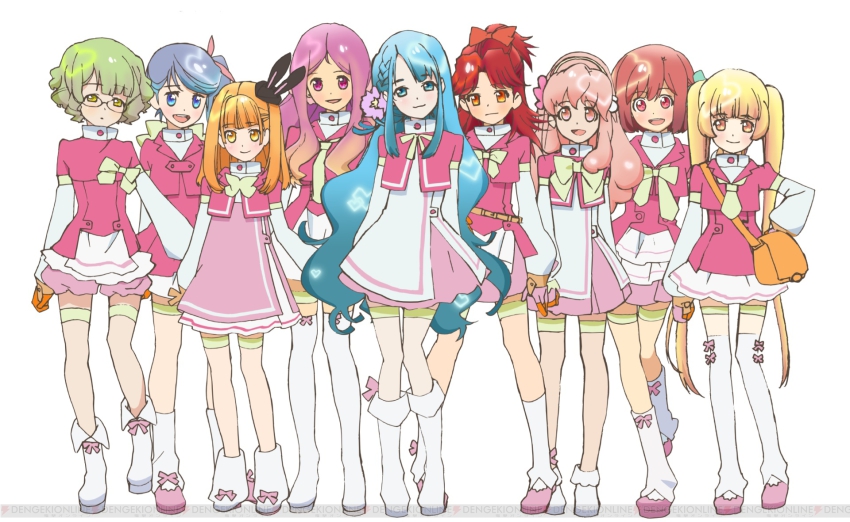 10s aida_orine akb0048 blonde_hair blue_eyes blue_hair blush boots braid curly_hair flower glasses green_eyes green_hair heart highres ichijou_yuuka kanzaki_suzuko kishida_mimori long_hair motomiya_nagisa multiple_girls open_mouth orange_eyes pink_eyes pink_hair ponytail purple_eyes purple_hair red_hair shinonome_kanata shinonome_sonata short_hair smile sono_chieri thighhighs twintails wavy_hair yellow_eyes yokomizo_makoto