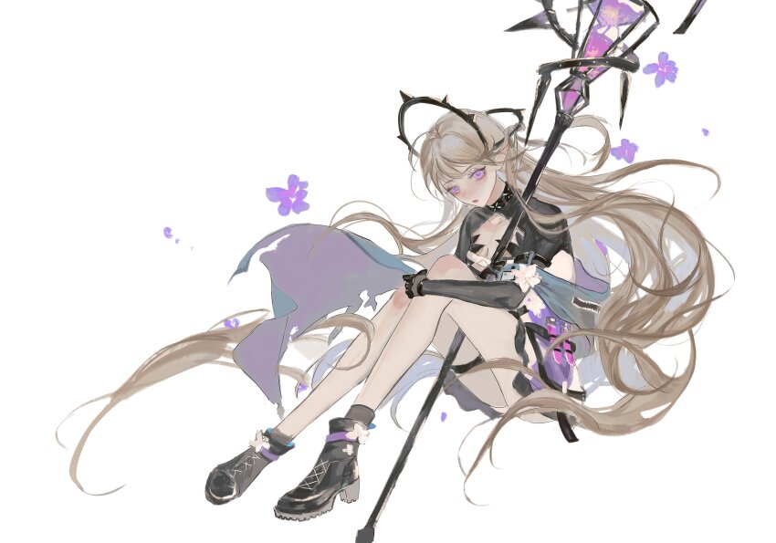 1girl absurdres ankle_boots arknights black_boots boots chinese_commentary commentary floating_hair flower full_body high_heel_boots high_heels highres holding holding_weapon hugging_own_legs indigo_(arknights) knees_up light_brown_hair long_hair looking_at_viewer parted_lips purple_eyes red_lips shrug_(clothing) simple_background sitting solo thigh_strap very_long_hair weapon white_background white_flower xu_liang