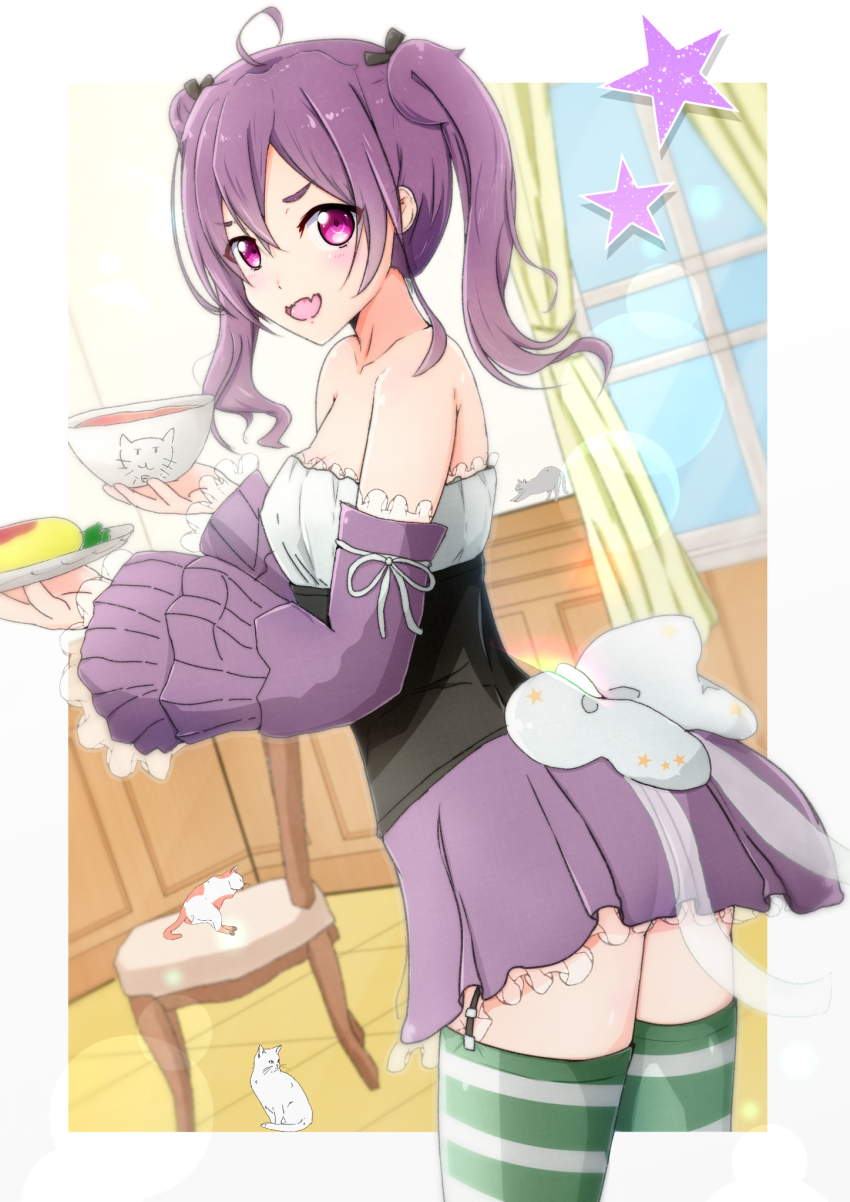 1girl 22/7 :d ahoge bare_shoulders black_bow blurry border bow bowl cat chair collarbone curtains depth_of_field detached_sleeves dutch_angle fangs frilled_shirt frilled_skirt frills from_side furoggu-gaburi garter_straps hair_between_eyes highres holding holding_bowl holding_plate lens_flare long_hair looking_at_viewer miniskirt open_mouth outside_border plate purple_eyes purple_hair purple_skirt shirt skirt smile solo star_(symbol) striped_clothes striped_thighhighs thighhighs tile_floor tiles tojo_yuki twintails white_border white_bow white_cat window
