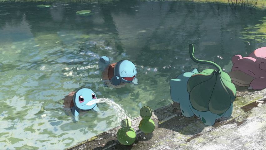 absurdres asteroid_ill budew bulbasaur closed_eyes commentary_request day gen_1_pokemon gen_3_pokemon gen_4_pokemon happy highres huge_filesize lily_pad lotad lying nintendo no_humans on_stomach open_mouth outdoors plant pokemon pokemon_(creature) sleeping slowpoke squirting_liquid squirtle tongue vines water