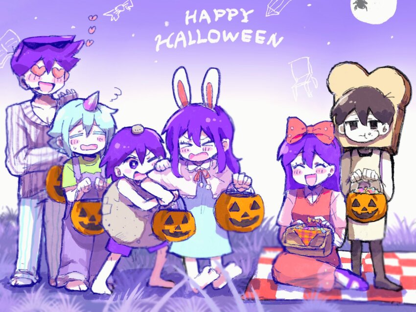 &gt;_&lt; 2girls 4boys ^_^ aubrey_(headspace)_(omori) aubrey_(omori) barefoot basil_(headspace)_(omori) basil_(omori) basket black_eyes black_hair black_thighhighs blue_overalls blush boss_(omori) boss_(omori)_(cosplay) bright_pupils checkered_blanket closed_eyes closed_mouth colored_skin cosplay doughie_(omori) green_hair green_shirt happy_halloween heart hero_(headspace)_(omori) hero_(omori) highres holding holding_basket holding_picnic_basket kel_(headspace)_(omori) kel_(omori) long_hair mari_(headspace)_(omori) mari_(omori) multiple_boys multiple_girls nat_omogu omori omori_(omori) one_eye_closed open_mouth overalls pet_rock picnic_basket picnic_blanket pluto_(omori) pluto_(omori)_(cosplay) purple_eyes purple_hair shirt short_hair sitting smile standing sweetheart_(omori) sweetheart_(omori)_(cosplay) t-shirt thighhighs white_pupils white_skin
