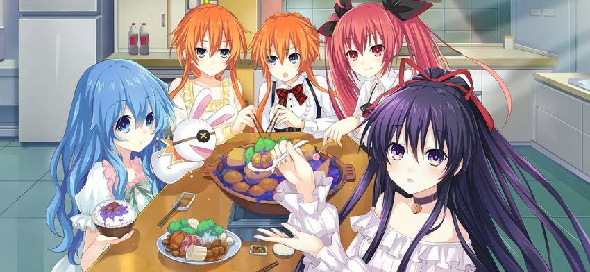 5girls blue_eyes blue_hair braid breasts chopsticks date_a_live date_a_live:_spirit_pledge dress drill_hair food game_cg hair_between_eyes hair_ribbon hand_puppet himekawa_yoshino holding holding_spoon indoors itsuka_kotori kitchen long_hair looking_at_viewer medium_breasts multiple_girls official_art open_mouth orange_hair ponytail puffy_short_sleeves puffy_sleeves puppet purple_eyes purple_hair red_eyes red_hair ribbon short_sleeves siblings sidelocks sisters smile spoon third-party_source twins twintails yamai_kaguya yamai_yuzuru yatogami_tohka yoshinon