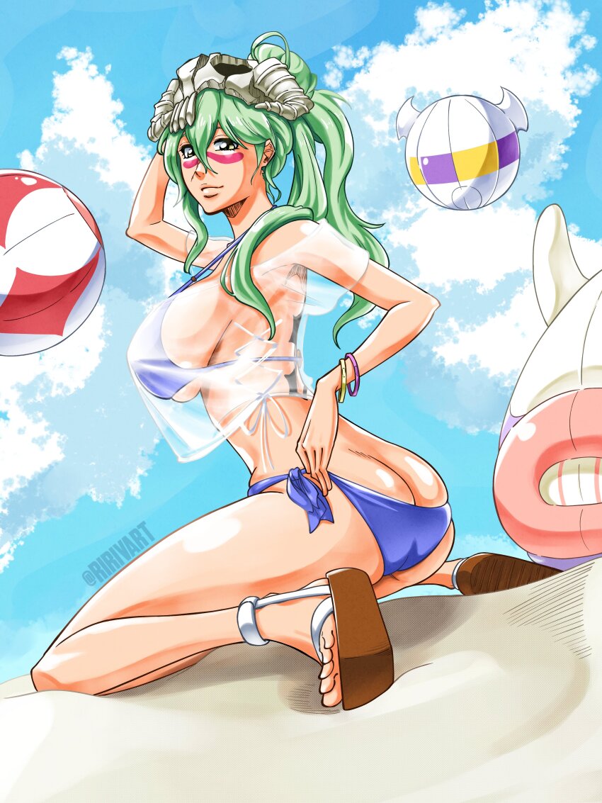 1girl absurdres arm_behind_head arrancar artist_name ass ball beach beachball bikini bleach bleach:_brave_souls bracelet breasts cloud facial_mark female_focus green_hair highres jewelry kubo_tite_(style) large_breasts lips long_hair mask mask_on_head nelliel_tu_odelschwanck official_alternate_costume ponytail ririvart sand sandals see-through_clothes see-through_shirt shiny_skin shirt sideboob sitting skull_on_head sky solo swimsuit underboob