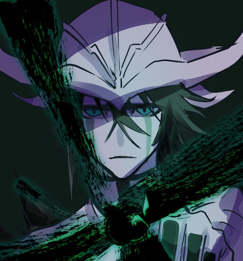1boy arrancar black_hair bleach closed_mouth energy_ball expressionless facial_mark fake_horns green_eyes hair_between_eyes helmet high_collar highres hishui_prpr horned_helmet horns incoming_attack looking_at_viewer pointing pointing_at_viewer portrait resurreccion ulquiorra_cifer