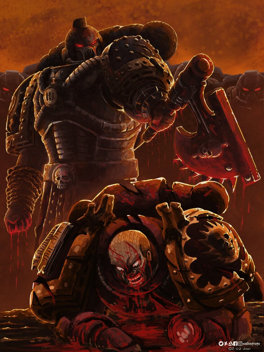 absurdres adeptus_astartes amputee armor bald blood bloodshot_eyes chain_axe cuts erebus_(wh40k) head_tattoo helmet highres injury kharn_the_betrayer niellustrate no_headwear open_mouth power_armor red_eyes red_sky skull sky spikes teeth tube warhammer_40k word_bearers world_eaters
