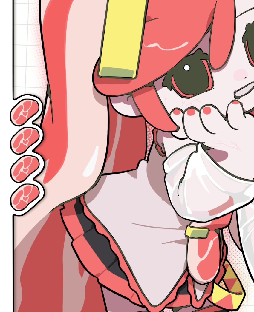 1girl adapted_costume alternate_eye_color alternate_hair_color detached_sleeves food-themed_clothes food-themed_hair grid_background hair_ornament halftone hand_on_own_cheek hand_on_own_face hatsune_miku head_tilt highres leaning_forward looking_at_viewer miniskirt nankai_(nankai_san) necktie niku_miku_(nankai) outline parted_lips pleated_skirt raw_meat red_eyes red_hair red_nails red_necktie red_outline see-through_clothes see-through_sleeves shirt skirt sleeveless sleeveless_shirt sliced_meat solo split_crop standing veins vocaloid white_shirt