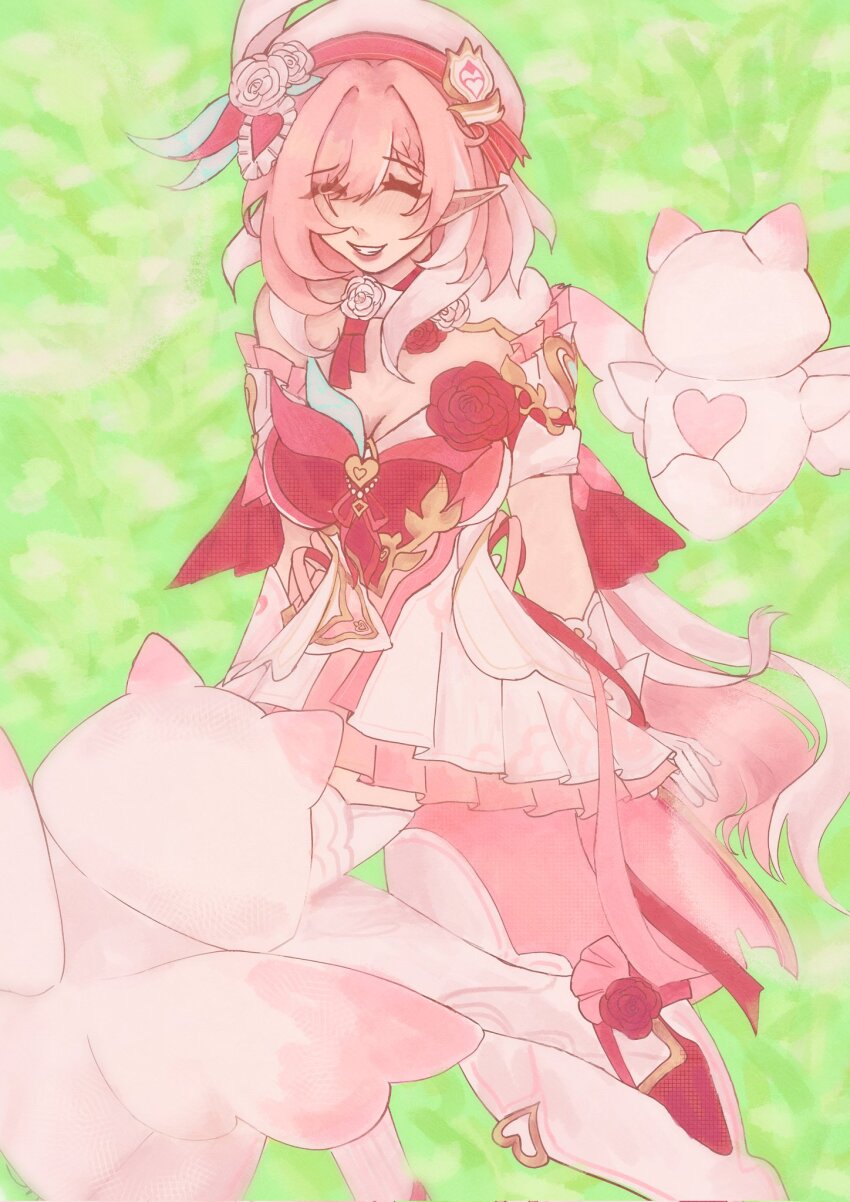 1girl beret breasts cleavage commentary creaxirin dress elf elysia_(hi_love_elf)_(honkai_impact) elysia_(honkai_impact) english_commentary hat high_heels highres honkai_(series) honkai_impact_3rd large_breasts little_messenger_(honkai_impact) long_hair multicolored_hair on_grass pink_hair pointy_ears red_dress smile thighhighs two-tone_dress two-tone_hair very_long_hair white_dress white_hair white_thighhighs