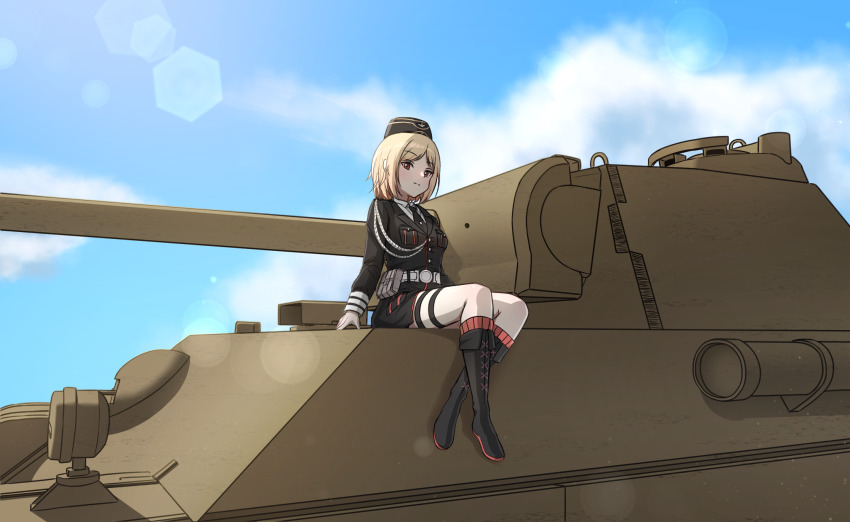 1girl aiguillette belt belt_buckle belt_pouch black_necktie blonde_hair boots brown_eyes buckle cloud garrison_cap german_clothes girls&#039;_frontline hat highres historical_connection military military_hat military_uniform military_vehicle miyami_kyoko motor_vehicle mp40_(girls&#039;_frontline) necktie panther_(tank) pouch sky solo tank tank_turret thigh_strap world_war_ii