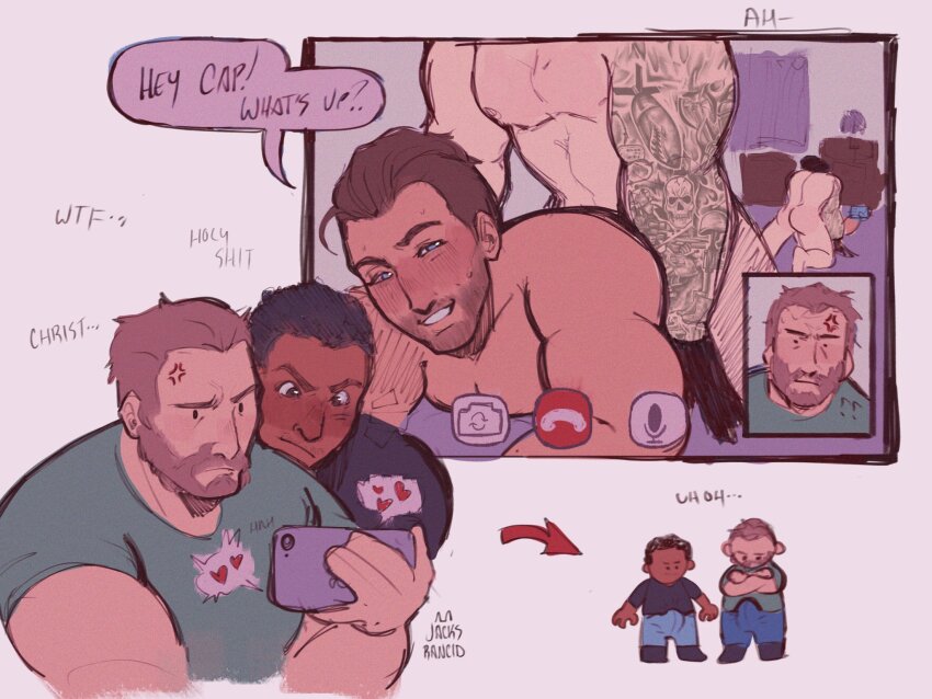 4boys anal anger_vein arm_tattoo bara beard_stubble black_hair blush bulge call_of_duty call_of_duty:_modern_warfare_2 captain_price chibi chibi_inset couple cropped_torso dark-skinned_male dark_skin deformed english_text erection erection_under_clothes facial_hair gaz_(call_of_duty_4) ghost_(modern_warfare_2) heart highres male_focus male_penetrated mature_male multiple_boys muscular muscular_male mustache_stubble out_of_frame prone_bone rabies_(jacksrancid) sex sex_from_behind shirt short_hair smile soap_(modern_warfare_2) solid_circle_eyes spoken_heart stubble t-shirt tattoo thick_eyebrows torogao undercut video_call yaoi