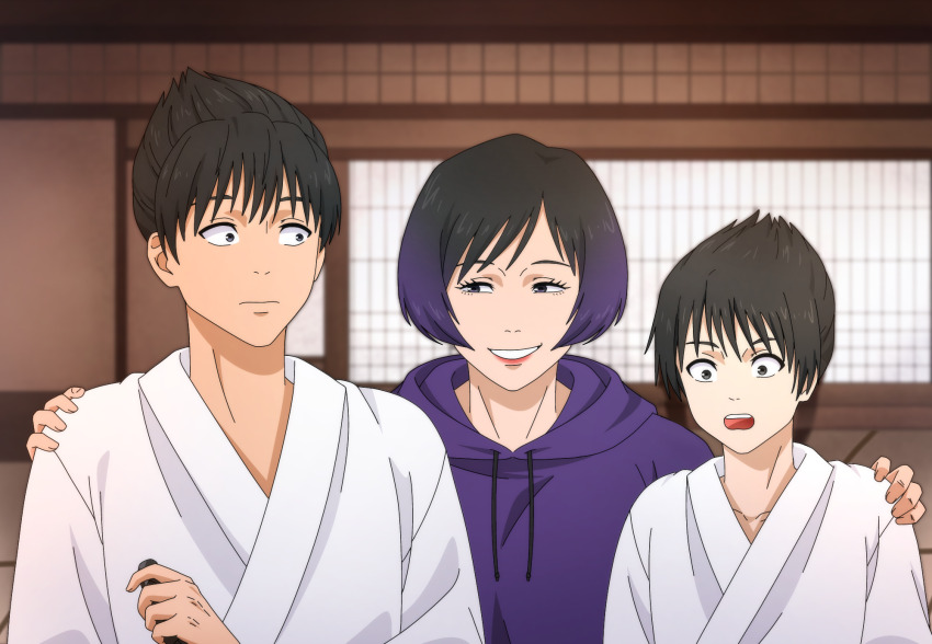 1girl 2boys aunt_and_nephew black_and_purple_hair black_hair brothers brown_eyes dojo dougi highres hood hoodie karate_gi kassichan kazama_jin kazama_kazuto multiple_boys namco reina_(tekken) siblings tekken tekken_8