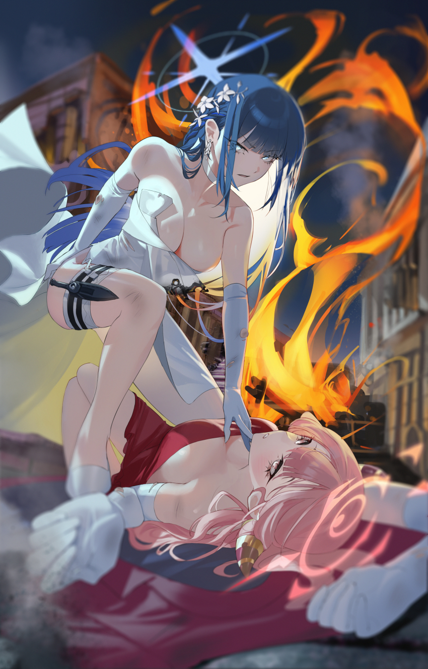 2girls absurdres arm_behind_head aru_(blue_archive) aru_(dress)_(blue_archive) bare_shoulders battle blue_archive blue_eyes blue_halo braid breasts burnt_clothes choker cleavage coat demon_horns dress dust_cloud earrings elbow_gloves feather_pen113 fire flower glaring gloves hair_flower hair_ornament halo hand_on_another&#039;s_chin highres holding holding_unworn_clothes horns jewelry knife_sheath large_breasts long_hair looking_at_viewer lying multiple_girls night night_sky on_back on_ground on_one_knee outdoors outstretched_arm pink_eyes pink_hair pink_halo pinned red_coat saori_(blue_archive) saori_(dress)_(blue_archive) scrape sheath sidelocks skindentation sky smoke thigh_sheath thigh_strap torn_clothes urban white_choker white_coat white_dress white_footwear white_gloves