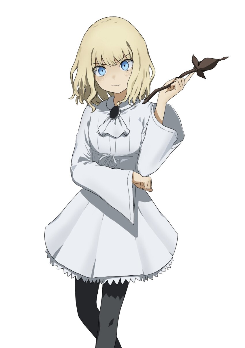 1girl ascot black_pantyhose blonde_hair blue_eyes child dress highres holding holding_wand leivinia_birdway long_sleeves looking_at_viewer medium_hair pantyhose smile solo tatararashi toaru_majutsu_no_index toaru_majutsu_no_index:_new_testament wand white_ascot white_background white_dress wide_sleeves