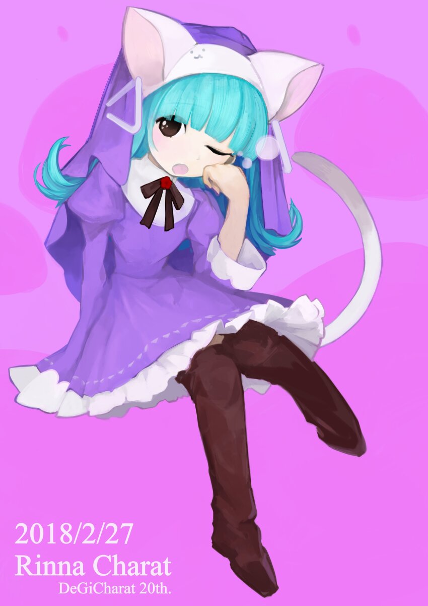 1girl absurdres animal_hat blunt_bangs boots brown_boots brown_ribbon cat_hat character_name copyright_name dated di_gi_charat di_gi_charat_nyo! dress hat headdress highres juliet_sleeves long_sleeves open_mouth pink_background puffy_sleeves purple_dress ribbon rinna_(di_gi_charat) sitting sleepy toritoma_(sweetandsour) yawning