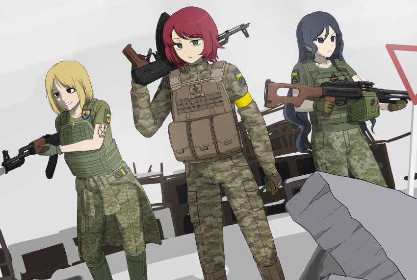 1boy absurdres ak-47 aks-74u ammunition_pouch androgynous arm_tattoo armband assault_rifle azov_battalion bayonet black_cat03 blonde_hair brown_eyes building bulletproof_vest cyrillic debris expressionless frown grin gun highres holding holding_gun holding_radio holding_weapon international_legion_of_ukraine jacket kalashnikov_rifle kenneth_del_duca kraken_(mariverse) kraken_regiment long_hair machine_gun marichka military military_combat_uniform military_uniform original otaman_(mariverse) pkm pouch radio radio_antenna red_hair rifle road_sign ruins russo-ukrainian_war short_hair sign smile swiss_flag tattoo trap tryzub ukrainian_flag war weapon yellow_armband