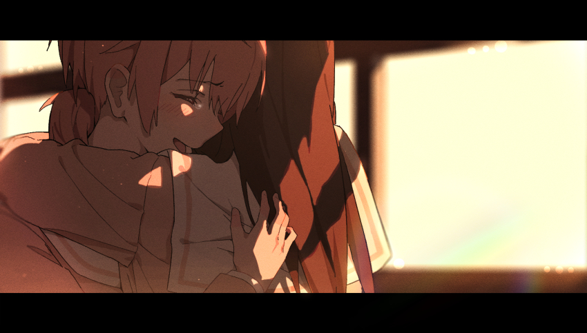 2girls black_hair blush closed_eyes commentary dark_skin hug koito_yuu letterboxed lie_lack1080 long_hair long_sleeves low_twintails multiple_girls nanami_touko open_mouth orange_hair school_uniform short_hair short_twintails tearing_up tohmi_higashi_high_school_uniform twintails yagate_kimi_ni_naru yuri