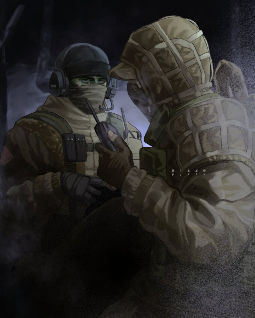 2boys beanie black_gloves black_hat blue_eyes camouflage covered_mouth fangsheng_jixieshi fingerless_gloves glaz_(rainbow_six_siege) gloves hat headphones headset highres holding holding_walkie-talkie hood hood_up jacket kapkan_(rainbow_six_siege) long_sleeves male_focus multiple_boys rainbow_six_siege walkie-talkie
