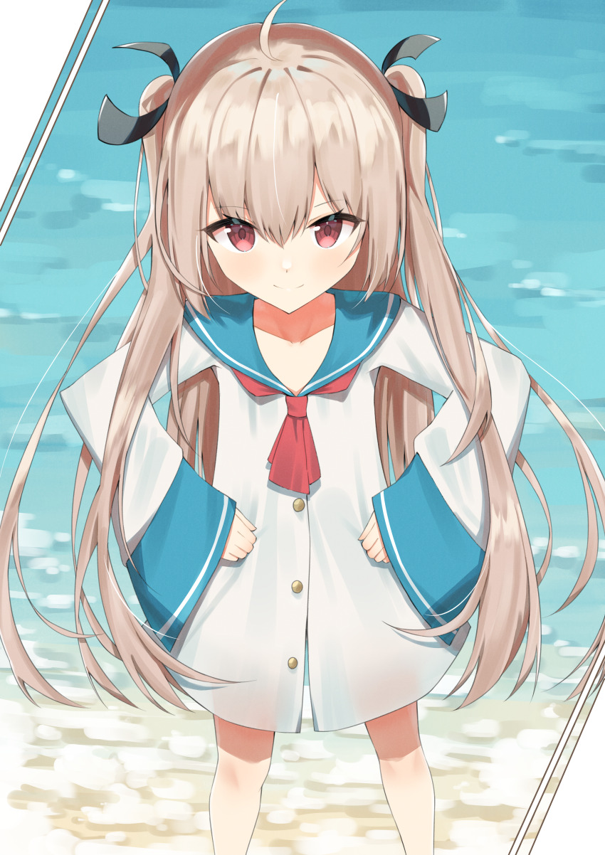 1girl absurdres ahoge anleewind ascot atri atri-my_dear_moments- black_ribbon blue_sailor_collar blush brown_hair buttons closed_mouth commentary day dress feet_out_of_frame hair_between_eyes hair_ribbon hands_on_own_hips highres long_hair looking_at_viewer ocean outdoors red_ascot red_eyes ribbon sailor_collar sailor_dress sleeves_past_wrists smile solo standing straight-on two_side_up very_long_hair white_dress wide_sleeves