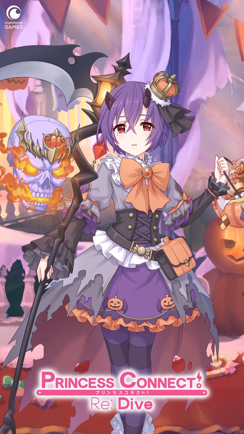 1girl bucket burning candy commentary cowboy_shot crown dress english_commentary english_text flaming_eye floating_skull food frilled_dress frills highres holding holding_bucket holding_sickle holding_weapon jack-o&#039;-lantern lantern mini_crown mole mole_under_eye official_art open_mouth princess_connect! purple_hair red_eyes ribbon second-party_source shinobu_(halloween)_(princess_connect!) shinobu_(princess_connect!) sickle weapon