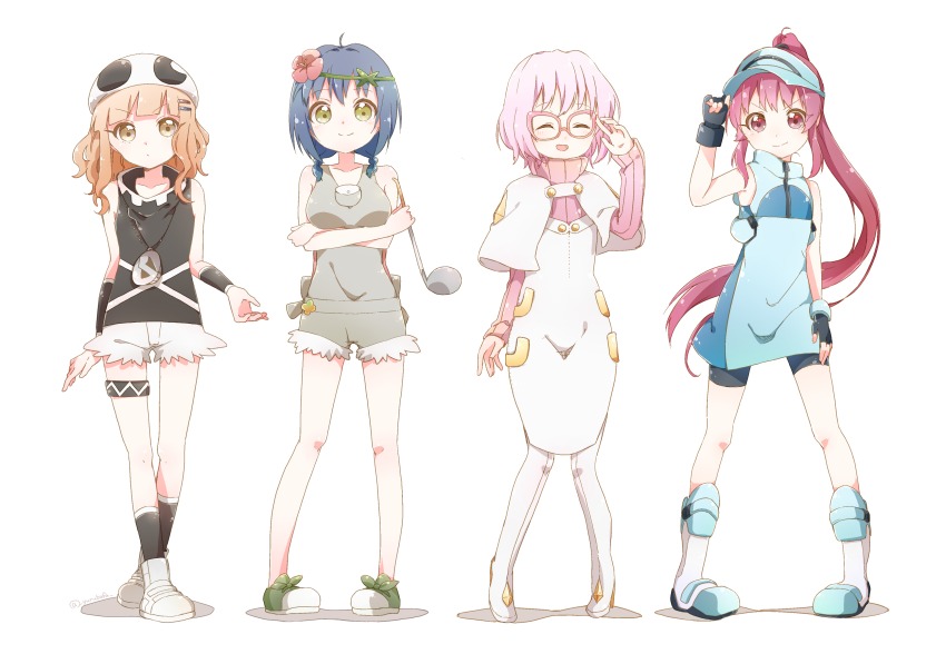 4girls :d ^_^ absurdres ace_trainer_(pokemon) ace_trainer_(pokemon)_(cosplay) ahoge bafarin blonde_hair blue_hair boots braid breasts brown_eyes closed_eyes collarbone cosplay fingerless_gloves flower furutani_himawari glasses gloves grey_hair hair_flower hair_intakes hair_ornament hairclip hat highres ikeda_chitose low_twintails mallow_(pokemon) mallow_(pokemon)_(cosplay) medium_breasts multiple_girls nintendo oomuro_sakurako open_mouth pokemon pokemon_sm purple_eyes purple_hair simple_background smile staring sugiura_ayano team_skull_grunt team_skull_grunt_(cosplay) twin_braids twintails white_background wicke_(pokemon) wicke_(pokemon)_(cosplay) yuru_yuri