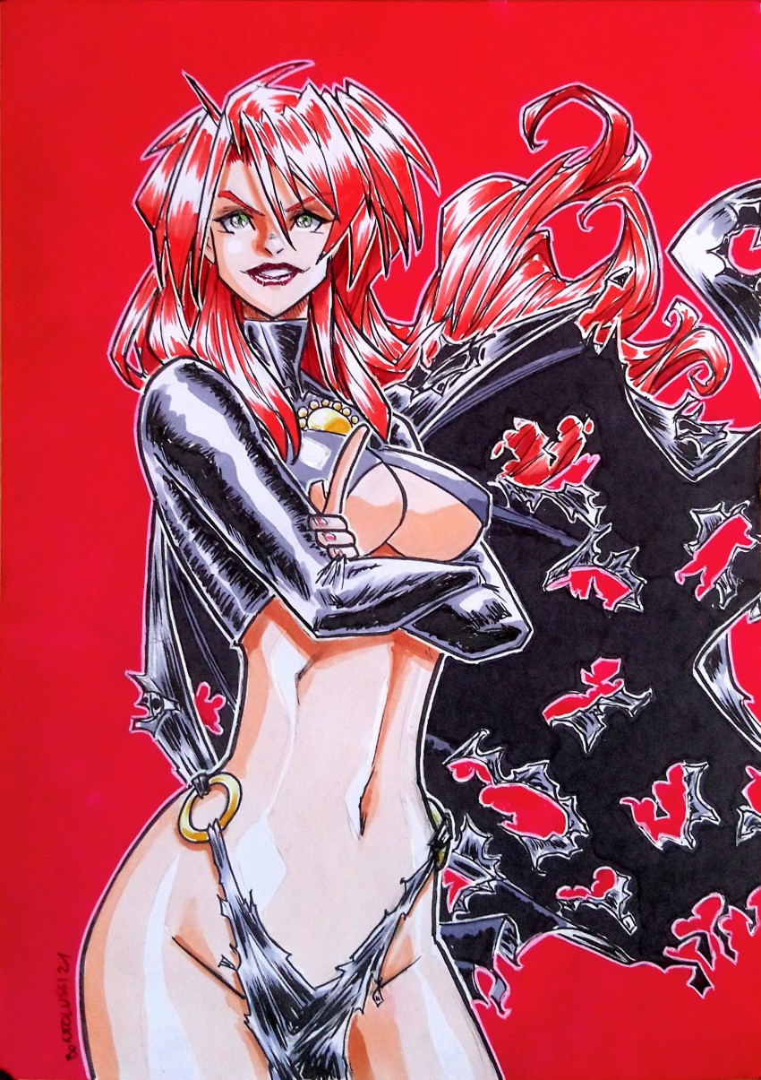 1girl absurdres bdsm bikini bondage bound breasts cape cleavage cleavage_cutout clothing_cutout copic_(brand) goblin_queen goblinqueeen green_eyes highres jewelry large_breasts leather leather_suit long_hair looking_at_viewer madelyne_pryor marker_(medium) marvel non-web_source pectoral_cleavage pectorals red_background red_hair red_hair_demon_girl_(mdf_an) retro_artstyle solo swimsuit torn_clothes traditional_media underboob underboob_cutout x-men