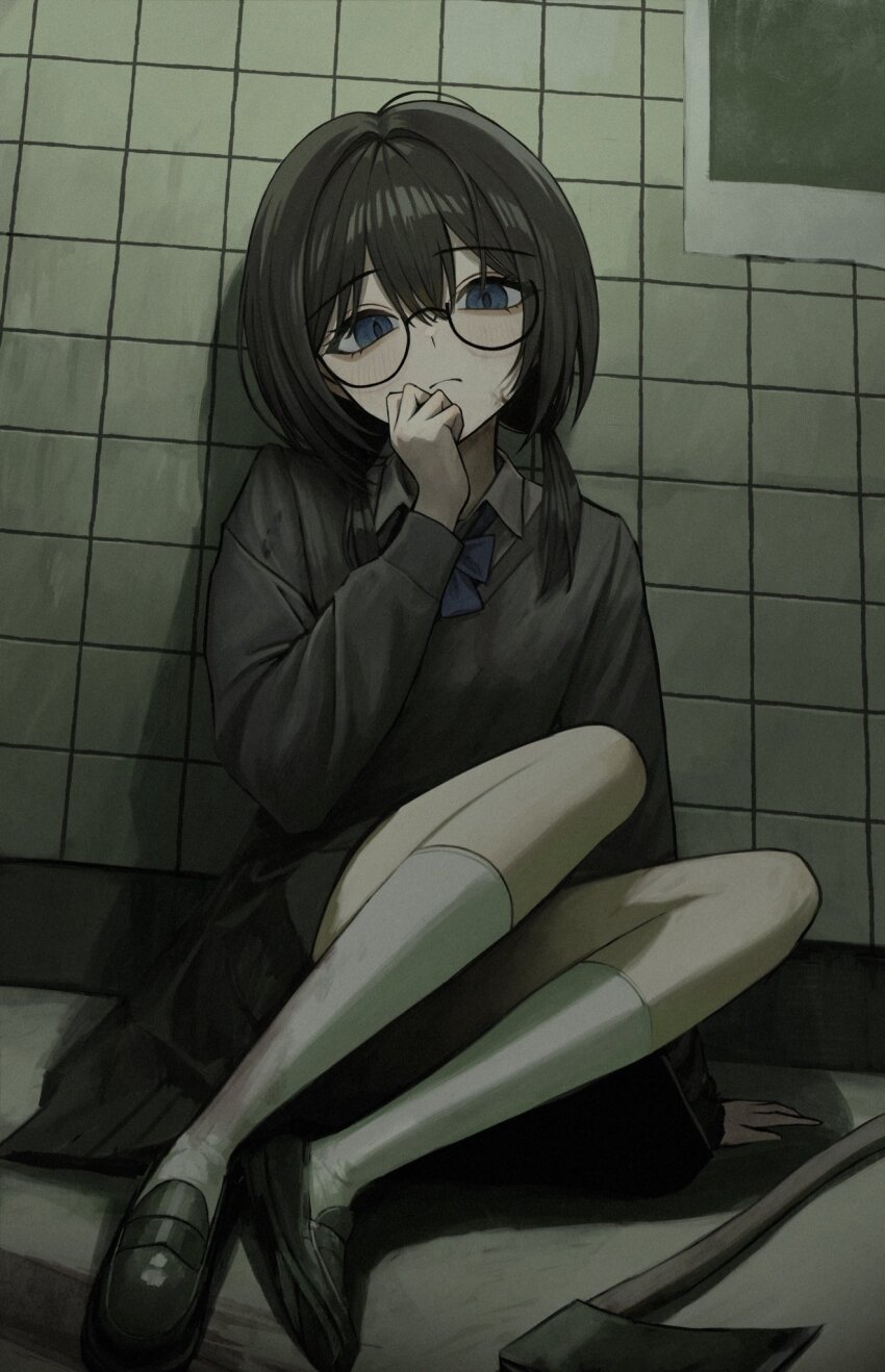 1girl axe black_shoes black_skirt black_sweater blue_bow blue_bowtie blue_eyes bow bowtie closed_mouth collared_shirt glasses hair_between_eyes hair_intakes hand_up highres indoors low_twintails original sakiika0513 shirt shoes sitting skirt socks solo sweater twintails white_shirt white_socks