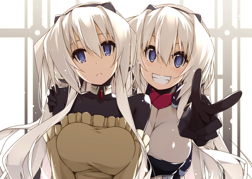 2girls :&lt; black_bodysuit blue_eyes blush bodysuit breasts cleavage collarbone detached_sleeves dual_persona frills frown grin hair_between_eyes hand_on_another&#039;s_shoulder headband highres horizon_ariadust kyoukaisenjou_no_horizon large_breasts long_hair multiple_girls shikei silver_hair skin_tight smile split_mouth spoilers sweater v window