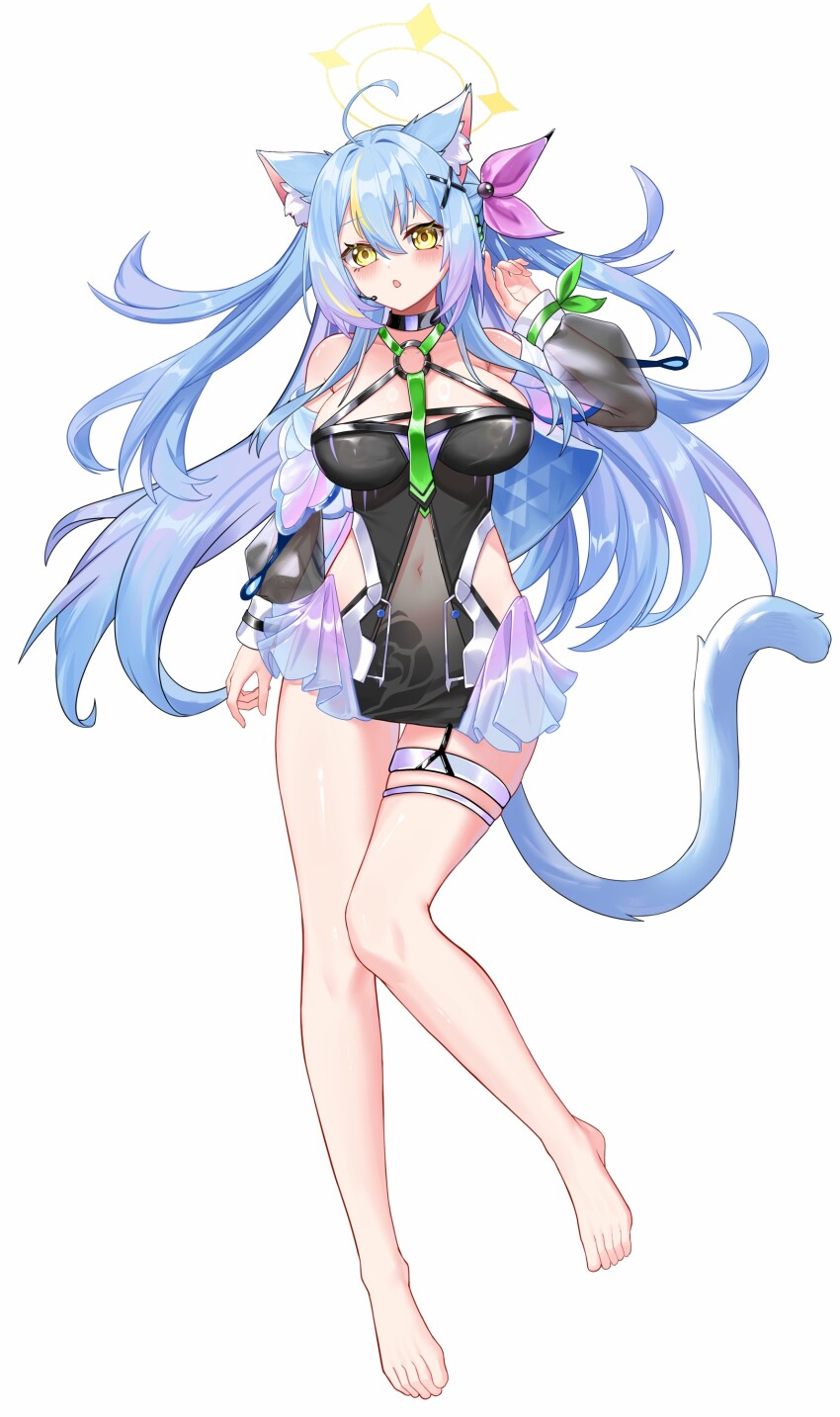 1girl absurdres ahoge animal_ear_fluff animal_ears bare_shoulders barefoot blue_hair blush breasts cat_ears cat_girl cybermyth godsoul gradient_hair hair_ornament highres multicolored_hair non-web_source orange_eyes purple_hair solo streaked_hair tail x_hair_ornament