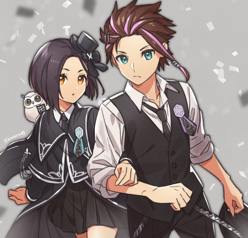 1boy 1girl :o alternate_hair_color bird black_bow black_hair black_hat black_necktie black_skirt black_suit bow brown_hair collared_shirt commentary_request confetti formal_clothes fururu_(tales) grey_background hat highres katsura_ichiho law_(tales) locked_arms multicolored_hair necktie open_mouth owl pink_hair pleated_skirt rinwell_(tales) shirt skirt streaked_hair suit tales_of_(series) tales_of_arise two-tone_hair white_shirt yellow_eyes