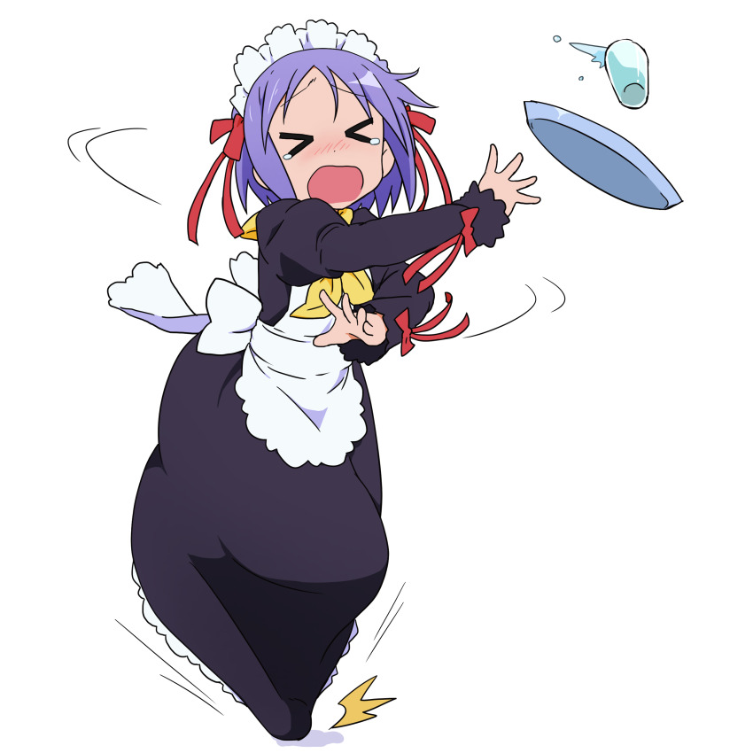 &gt;_&lt; 1girl absurdres apron blush closed_eyes clumsy glass hair_ribbon highres hiiragi_tsukasa kicchi_(tmgk) lucky_star maid_apron maid_headdress nose_blush open_mouth purple_hair ribbon short_hair tearing_up tripping water white_background
