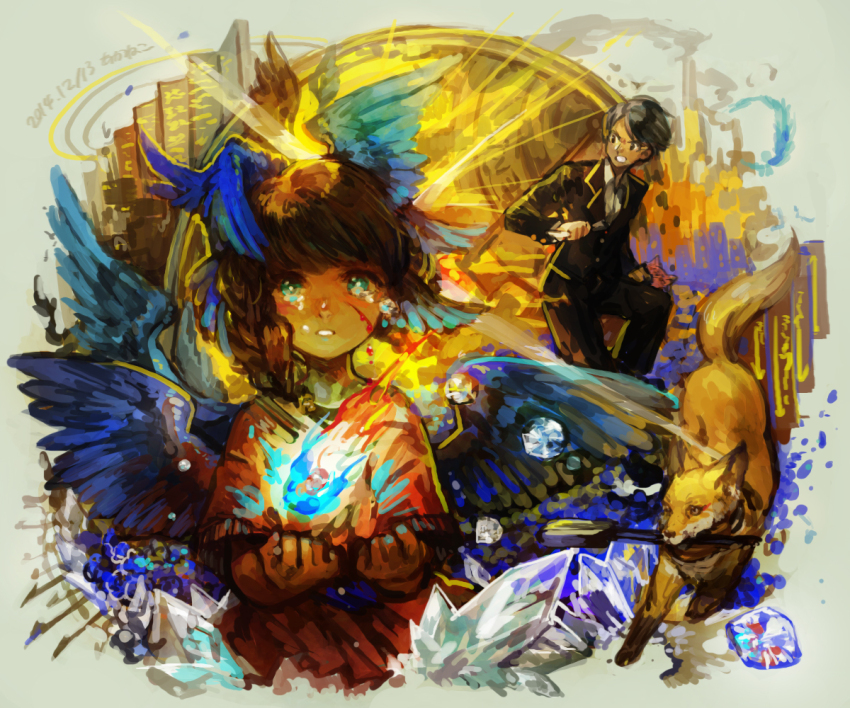 1boy 1girl akaneko_(redakanekocat) arms_up artist_name bleeding blood blood_on_face blue_eyes blue_wings braid brown_hair commentary_request crying crying_with_eyes_open cuts dated fire flying_teardrops fox injury looking_at_viewer magical_girl multiple_wings original single_braid teardrop-shaped_gem tears wings