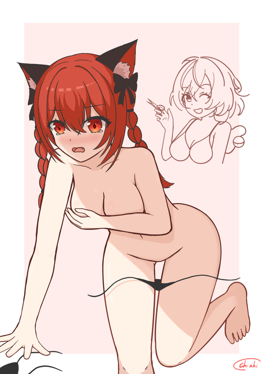2girls absurdres animal_ears bikini black_bikini braid breasts cat_ears cat_girl chiaki_koizumi commentary_request covering_breasts covering_privates highres kaenbyou_rin komeiji_koishi long_hair medium_breasts multiple_girls nude open_mouth pink_background red_eyes red_hair scissors short_hair side_braids signature simple_background solo_focus swimsuit third_eye touhou twin_braids