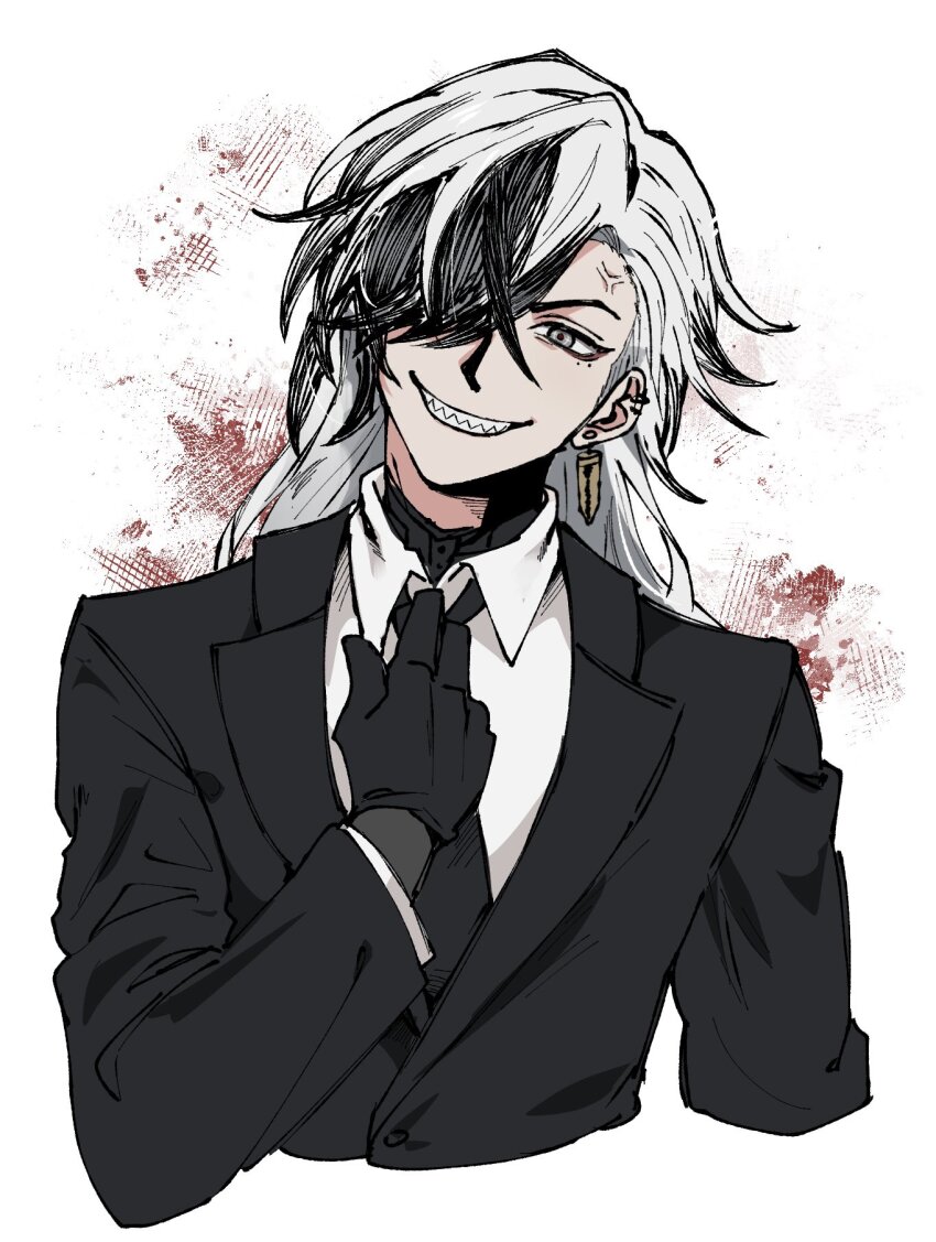 1boy adjusting_clothes adjusting_necktie alternate_costume anger_vein arm_up black_gloves black_hair black_jacket black_necktie boothill_(honkai:_star_rail) collared_shirt cropped_arm cropped_torso crossed_bangs ear_piercing earrings formal_clothes gloves grey_eyes grin hair_over_one_eye head_tilt highres honkai:_star_rail honkai_(series) jacket jewelry lapels layered_sleeves long_hair long_sleeves looking_to_the_side male_focus multicolored_hair necktie one_eye_covered parted_bangs piercing sharp_teeth shirt sideways_glance smile solo suit_jacket teeth white_background white_hair white_shirt wing_collar xo_5ss