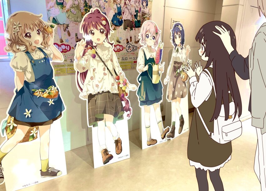 2girls akihabara_(tokyo) atre_akihabara black_hair black_pantyhose black_sweater blush brown_dress collage dress frilled_dress frills from_behind furutani_himawari grey_jacket hand_on_another&#039;s_head hands_up highres ikeda_chitose indoors jacket light_brown_hair long_hair matsumoto_rise multiple_girls namori nishigaki_nana oomuro_sakurako open_mouth pants pantyhose photo_(medium) photo_background pleated_pants poster_(object) puffy_sleeves shirt sugiura_ayano sweater white_bag white_pants white_shirt window yuru_yuri