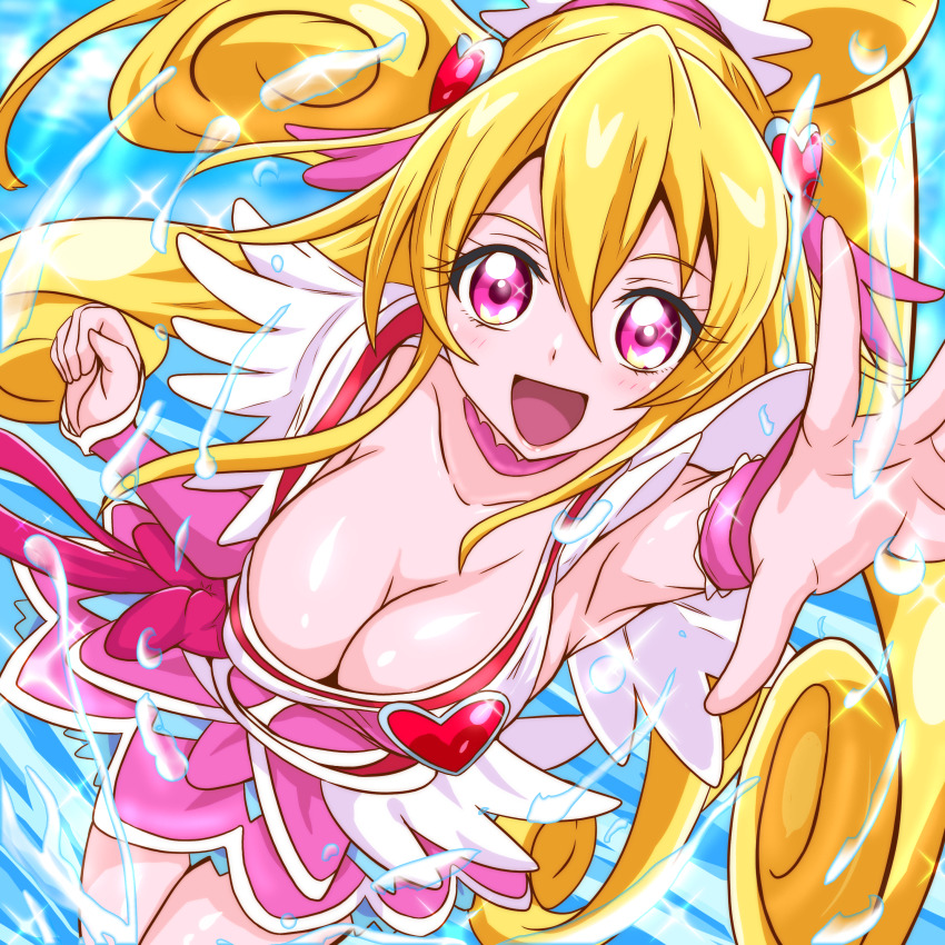 1girl absurdres aida_mana arm_warmers blonde_hair blush bow breasts brooch choker cleavage cure_heart detached_sleeves dokidoki!_precure dress hair_ornament heart heart_brooch heart_hair_ornament high_ponytail highres jewelry long_hair looking_at_viewer magical_girl manga_sakuga_(precure) medium_breasts open_mouth paid_reward_available pink_bow pink_choker pink_dress pink_eyes ponytail precure sidelocks smile solo very_long_hair waist_bow