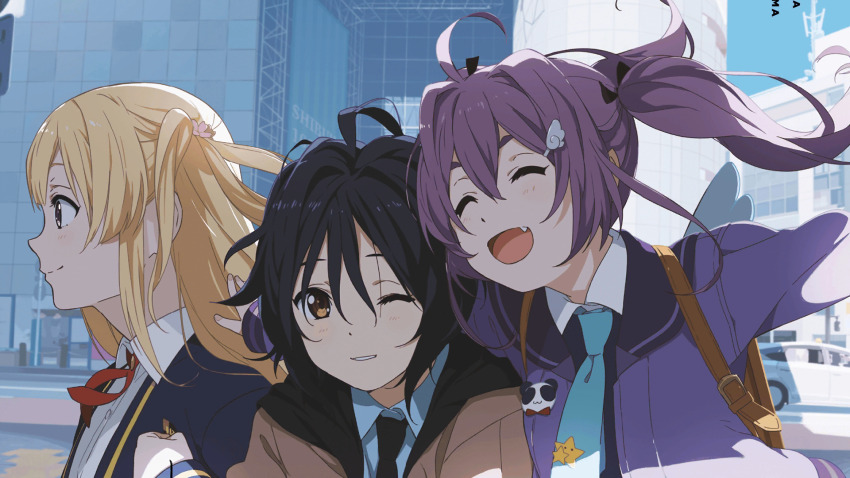 22/7 22/7_ongaku_no_jikan 3girls ahoge aqua_necktie black_necktie black_ribbon blonde_hair blue_hair brown_eyes collared_shirt fang fujima_sakura game_cg hair_between_eyes hair_ornament hair_ribbon hair_rings highres jacket long_hair long_sleeves multiple_girls necktie non-web_source official_art outdoors purple_eyes purple_hair purple_jacket ribbon school_uniform shirt short_hair sidelocks single_hair_ring smile takigawa_miu tojo_yuki twintails uki_atsuya wavy_hair