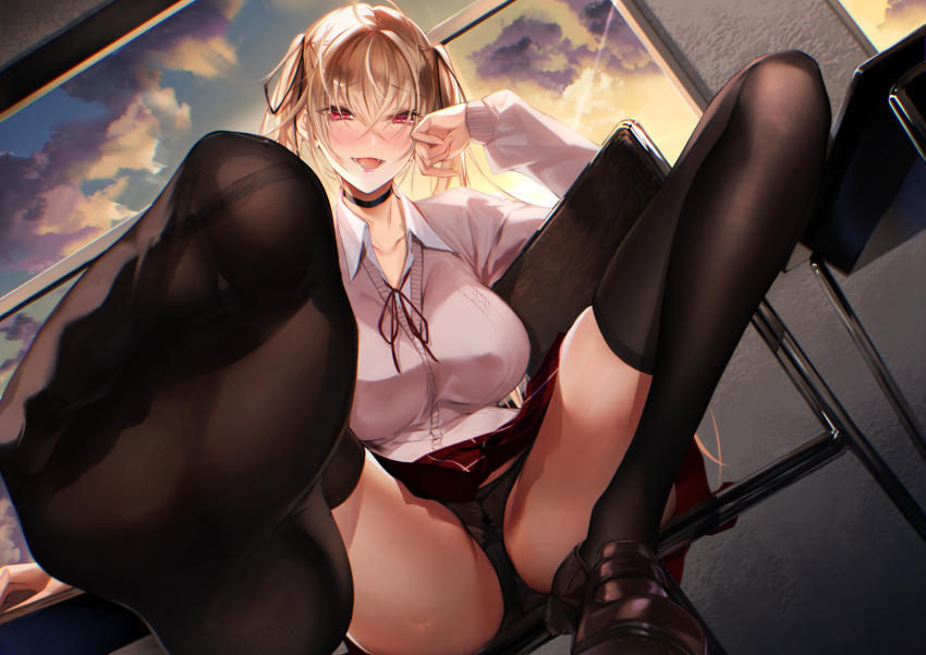 1girl blonde_hair blush breasts classroom eichi_(yashokuya) feet highres large_breasts loafers long_hair looking_at_viewer open_mouth panties pantyshot red_eyes see-through_clothes see-through_legwear shoes soles thighhighs toes twintails underwear