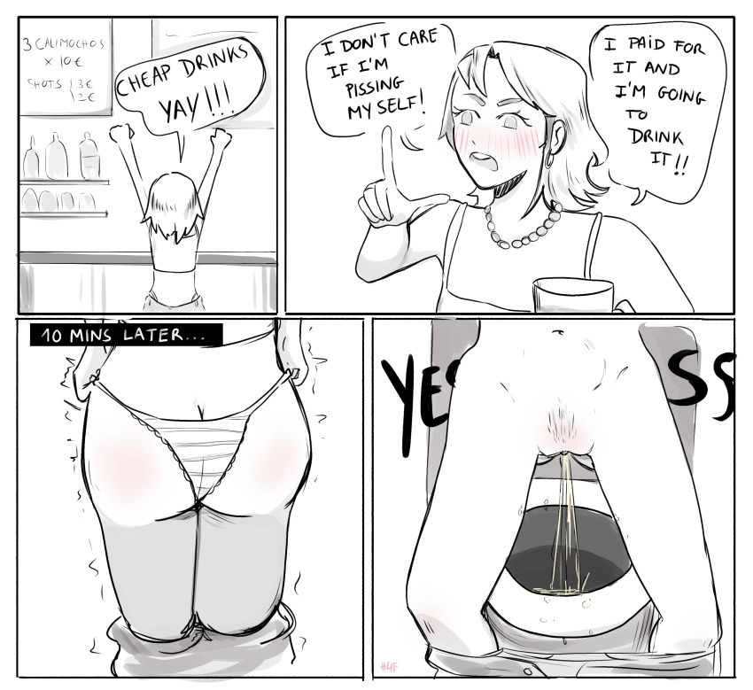 1girl absurdres alcohol ass bar_(place) bathroom blush bottle butt_crack clothes_pull comic cup drink earrings have_to_pee here4thefun highres holding holding_cup hoop_earrings index_finger_raised jewelry menu midriff monochrome mug navel necklace open_mouth original panties pants pants_pull panty_pull pearl_necklace peeing pubic_hair pussy relief shirt short_hair speech_bubble standing striped_clothes striped_panties tank_top tears toilet toilet_use trembling uncensored underwear