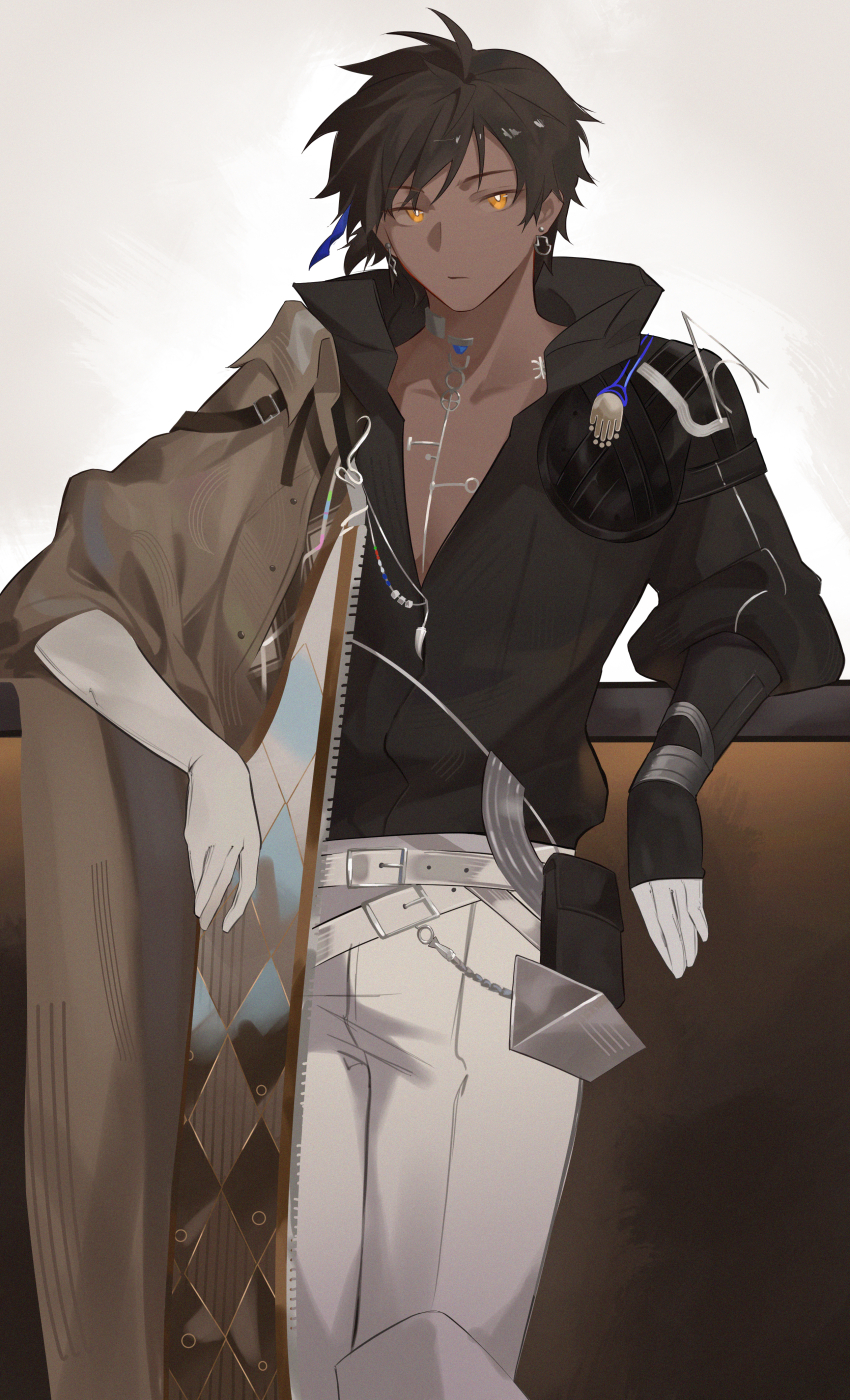 1boy absurdres arknights asymmetrical_gloves belt black_hair black_shirt bright_pupils brown_jacket dark-skinned_male dark_skin earrings gloves haaahoi highres jacket jewelry male_focus mismatched_gloves open_clothes open_shirt pants shirt short_hair simple_background solo thorns_(arknights) thorns_the_lodestar_(arknights) white_belt white_pants white_pupils yellow_eyes
