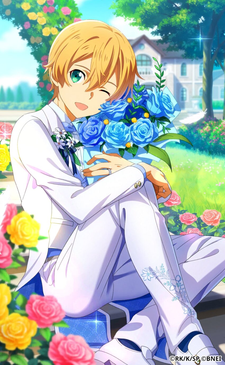 1boy ;d blonde_hair blue_socks bow bowtie eugeo fingernails floral_print flower formal_clothes grass green_eyes hair_between_eyes highres jewelry long_sleeves male_focus mansion official_art one_eye_closed open_mouth pants pink_flower ring rose_bush smile socks solo sword_art_online sword_art_online:_alicization sword_art_online_variant_showdown tree white_footwear white_pants yellow_flower