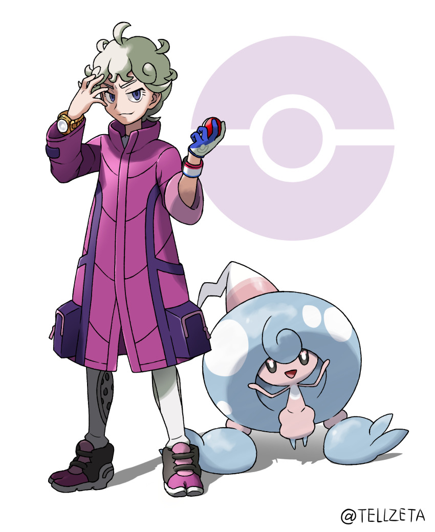 1boy ahoge artist_name bede_(pokemon) blonde_hair closed_mouth coat commentary_request curly_hair full_body gen_8_pokemon gloves hand_up hattrem highres holding holding_poke_ball looking_at_viewer nintendo poke_ball poke_ball_(basic) poke_ball_symbol pokemon pokemon_(creature) pokemon_swsh popped_collar purple_coat purple_eyes shoes short_hair single_glove size_difference smile standing tellzeta watermark white_background wristband