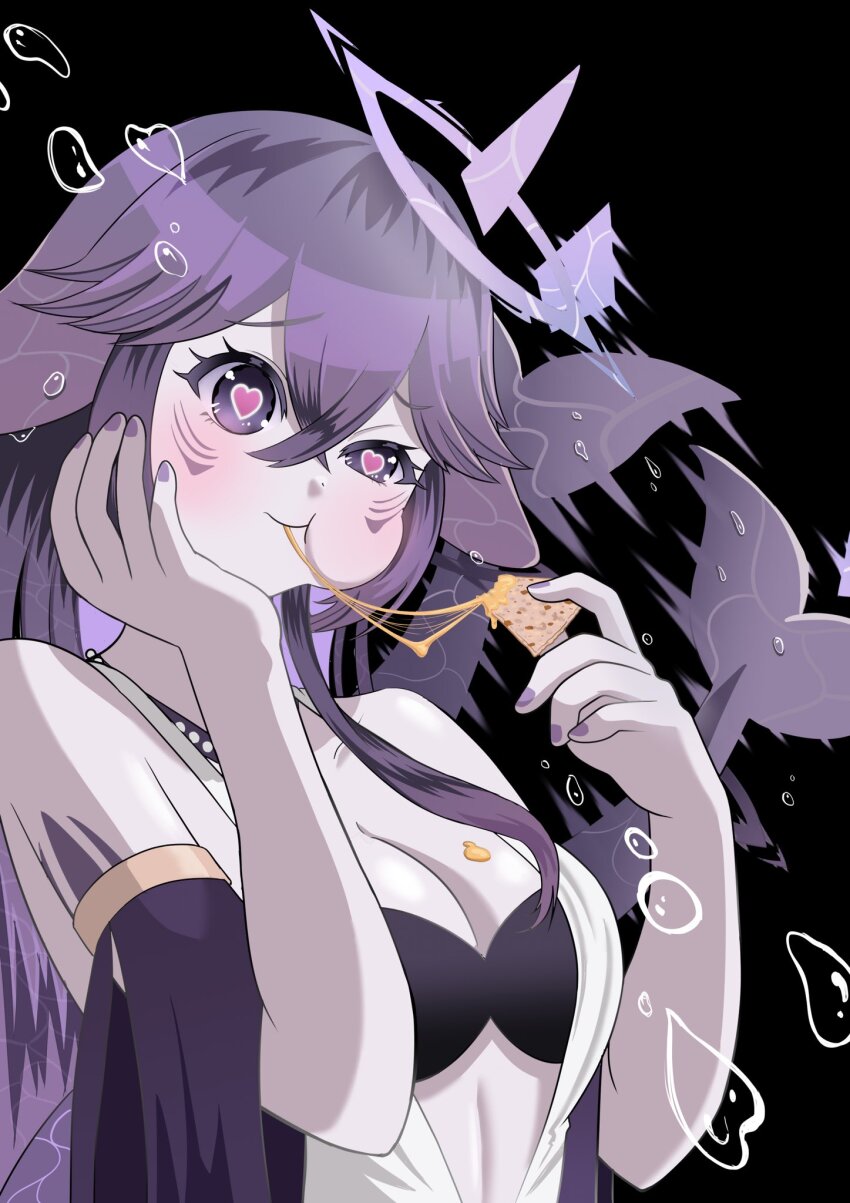 1girl bikini black_bikini blush breasts bubble cheese cheese_trail cleavage collarbone crossed_bangs f_yutaro79 facial_mark fins fish_tail food hair_between_eyes hand_on_own_cheek hand_on_own_face heart heart-shaped_pupils highres indie_virtual_youtuber linea_alba long_hair megalodon_(vtuber) motion_blur pink_pupils purple_eyes purple_nails shark_girl shark_tail swimsuit symbol-shaped_pupils tail upper_body virtual_youtuber whisker_markings